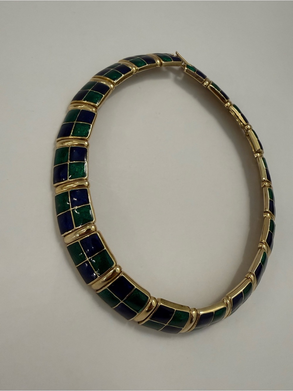 Vintage Gold-Tone Choker Necklace with Green and Navy Enamel with Gold Clasp